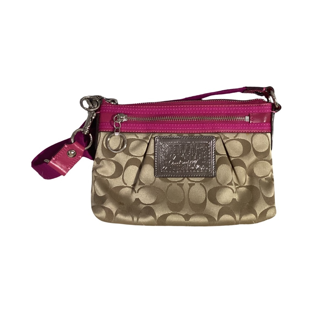 Coach Poppy Tan Signature Canvas with Pink Leather Trim Crossbody Bag